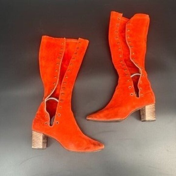 Vintage 60s Go Go Orange Side Lace Up Boots 7 - 7.5 Women's Suede - Picture 2 of 16